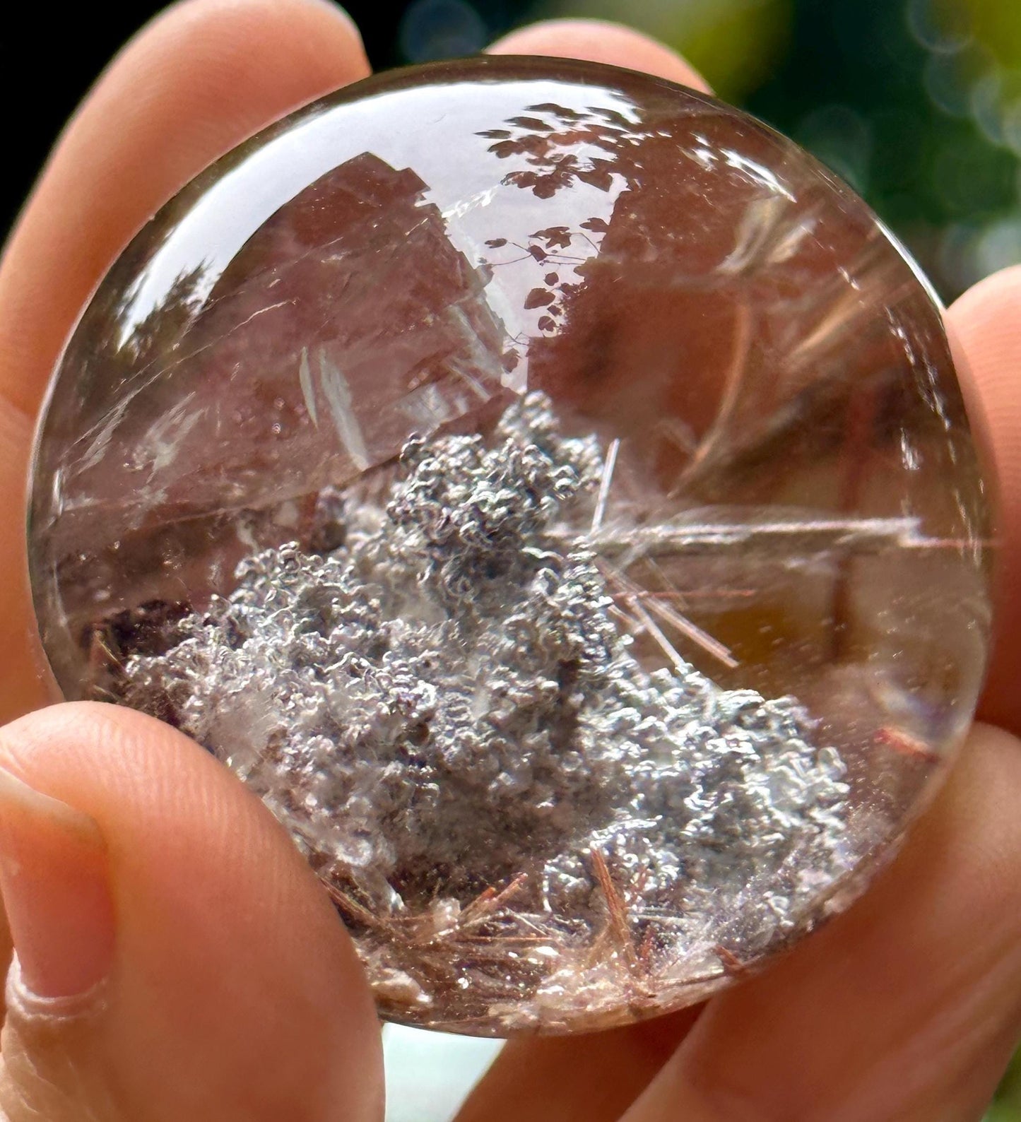 Clear Dazzling Purple Phantom+Rutilated Quartz Crystal Sphere/Inclusion Chlorite Scenic Crystal Ball/Garden Quartz Sphere/Mud Included-44 mm