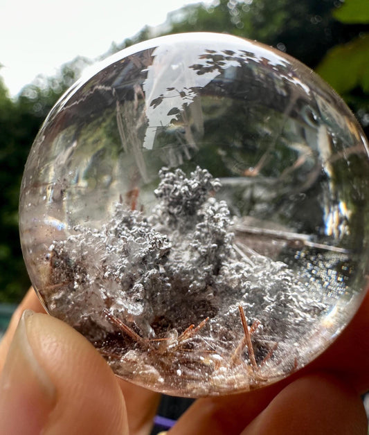 Clear Dazzling Purple Phantom+Rutilated Quartz Crystal Sphere/Inclusion Chlorite Scenic Crystal Ball/Garden Quartz Sphere/Mud Included-44 mm