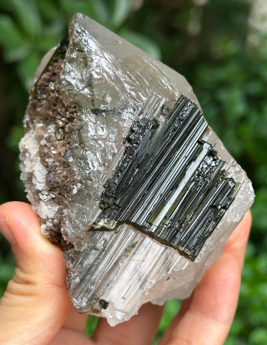 Rare Raw Green Tourmaline Grow With Smoky Quartz Crystal Stone/Rough Green Tourmaline Specimen/Collection/Meditation/Healing-365 g