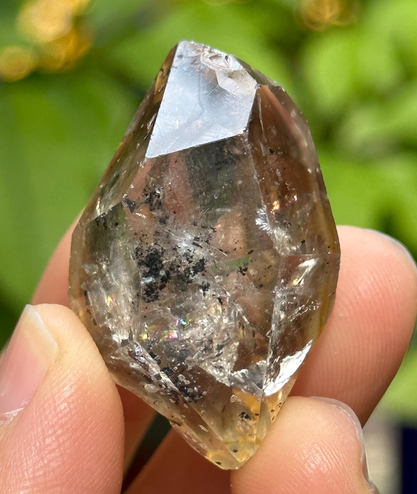 Clear Rainbow Herkimer Diamond Double Terminated Enhydro Smoky Quartz Crystal with Carbon Included/Specimen/Healing/Yungui Crystal-21 g