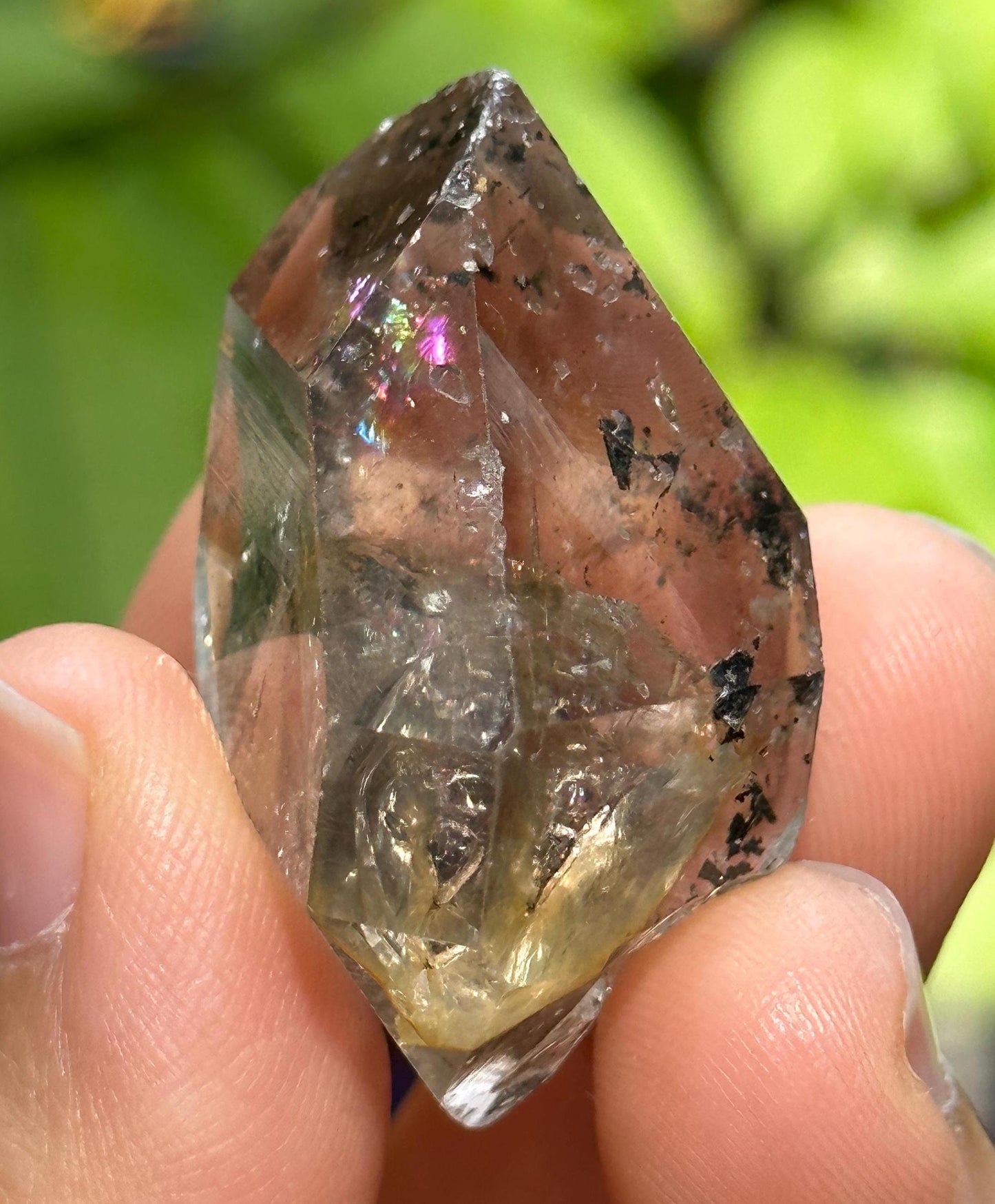 Clear Rainbow Herkimer Diamond Double Terminated Enhydro Smoky Quartz Crystal with Carbon Included/Specimen/Healing/Yungui Crystal-21 g