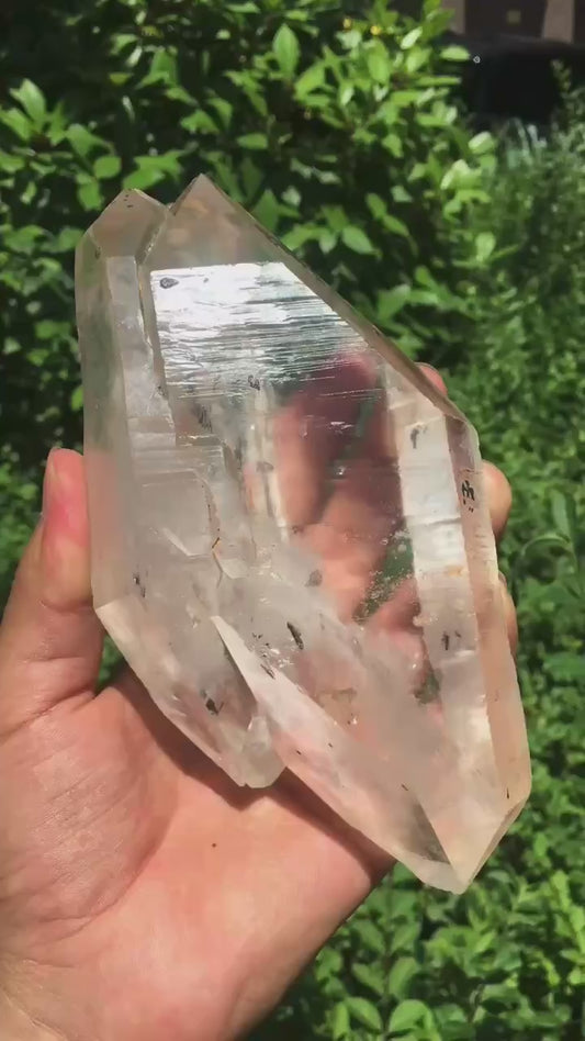 Large Double terminated twins Quartz Crystal with rainbow included
